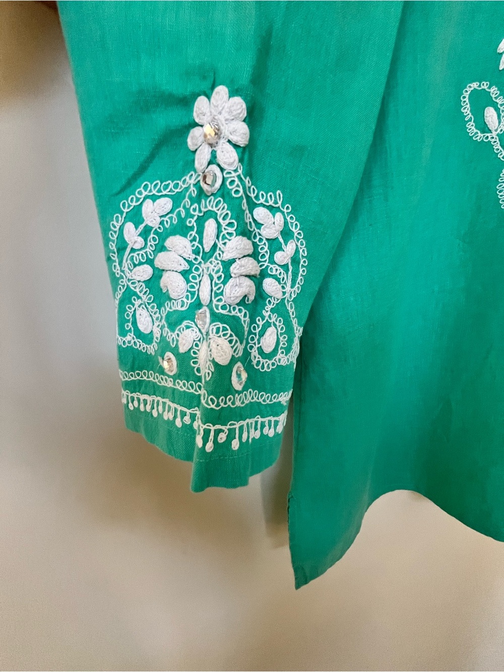 100% Luxury Linen by Charter Club ~ Embroidered Tunic - Aqua ~ Size: Large - Picture 6 of 7